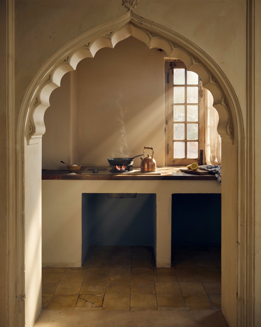 A Mughal archway opens onto a quiet domestic kitchen at dawn — a black cast-iron pan on a stove, copper kettle, indigo cabinets, morning light through a paned window. The Fifth Wall by Hana Mattar, Bombay Blanc.