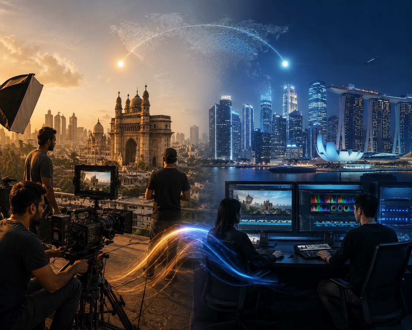 Mumbai film set crew and Singapore post-production suite — the India-Singapore production corridor