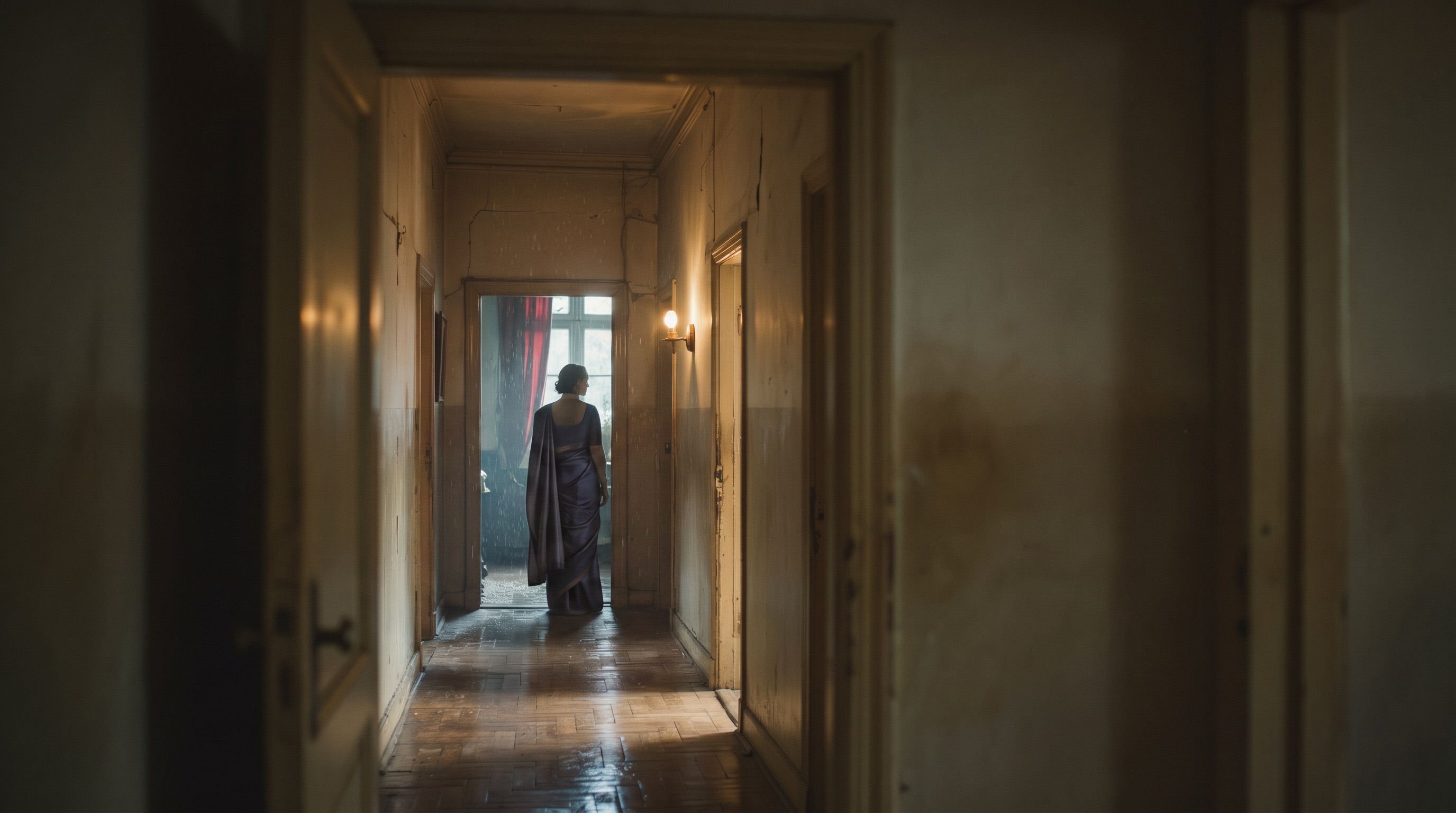 A solitary woman at the far end of a dim, warm corridor, framed through a doorway with a single note of red at the window — the fifth wall and the art of withholding. Two Walls and a Lie by Hana Mattar, Bombay Blanc.